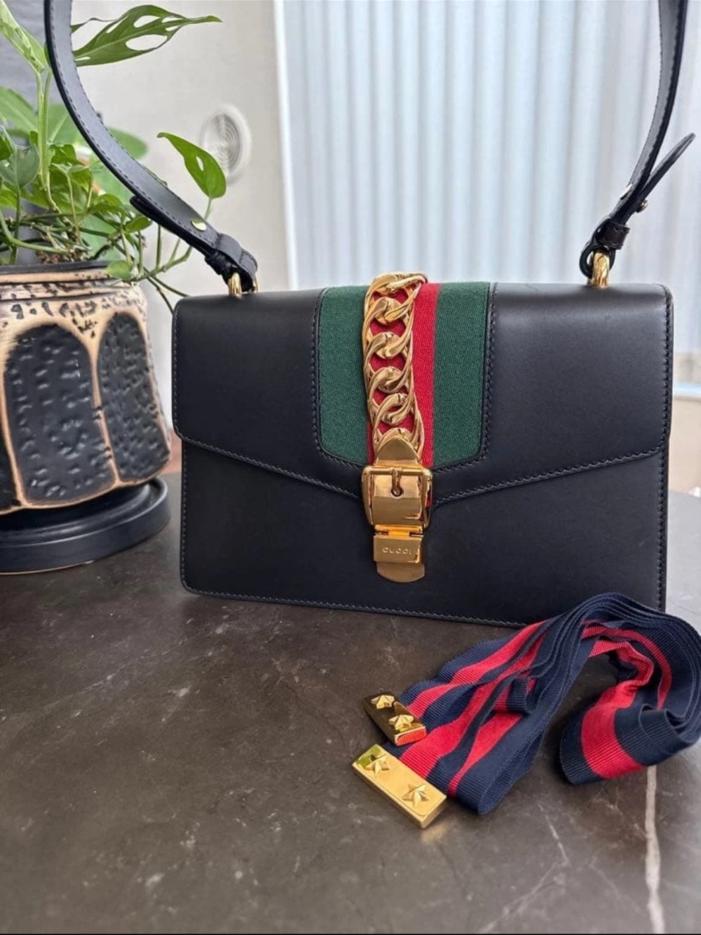 Gucci Black Leather Shoulder Bag with Green & Red Stripe and Gold Chain